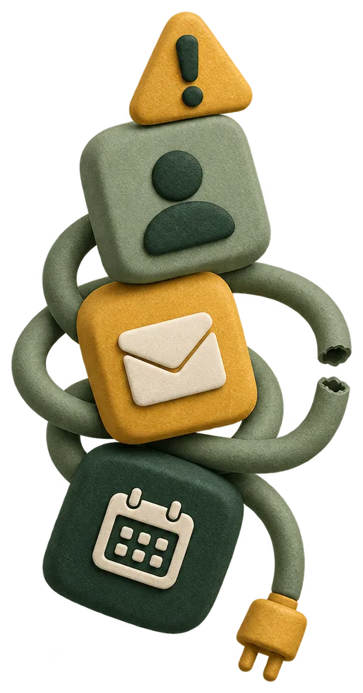 Clay illustration of a broken automation workflow with toppling app tiles and tangled cables