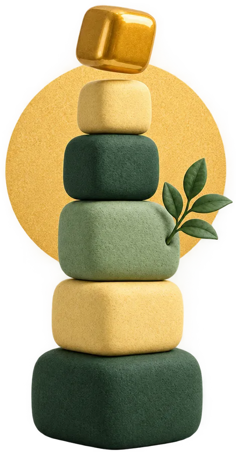 Clay illustration of a neat tower of rounded blocks with a golden block placed on top
